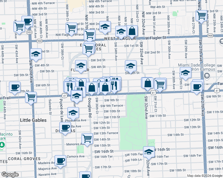 map of restaurants, bars, coffee shops, grocery stores, and more near in Miami