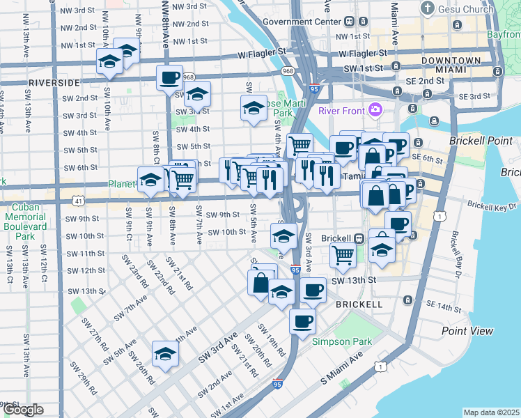 map of restaurants, bars, coffee shops, grocery stores, and more near 461 Southwest 9th Street in Miami