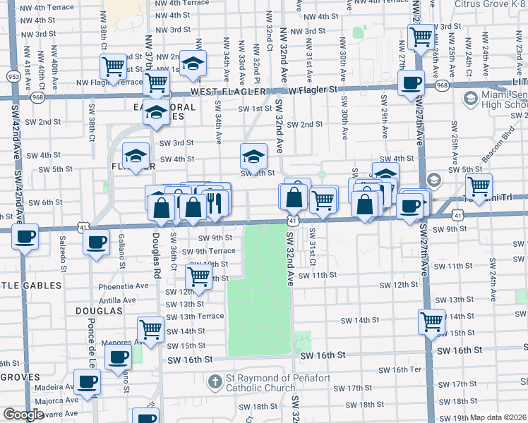map of restaurants, bars, coffee shops, grocery stores, and more near 3270 Southwest 7th Street in Miami