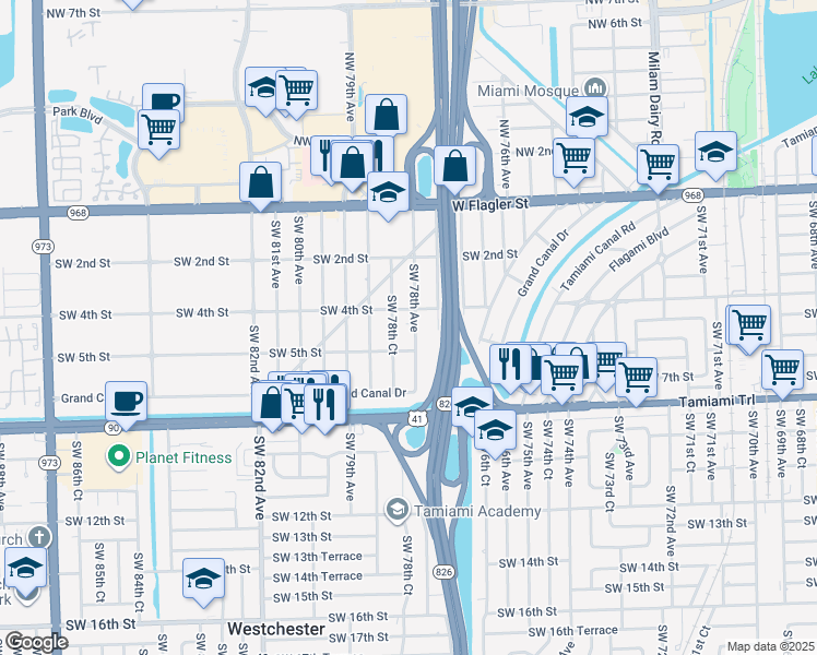 map of restaurants, bars, coffee shops, grocery stores, and more near 430 Southwest 78th Avenue in Miami