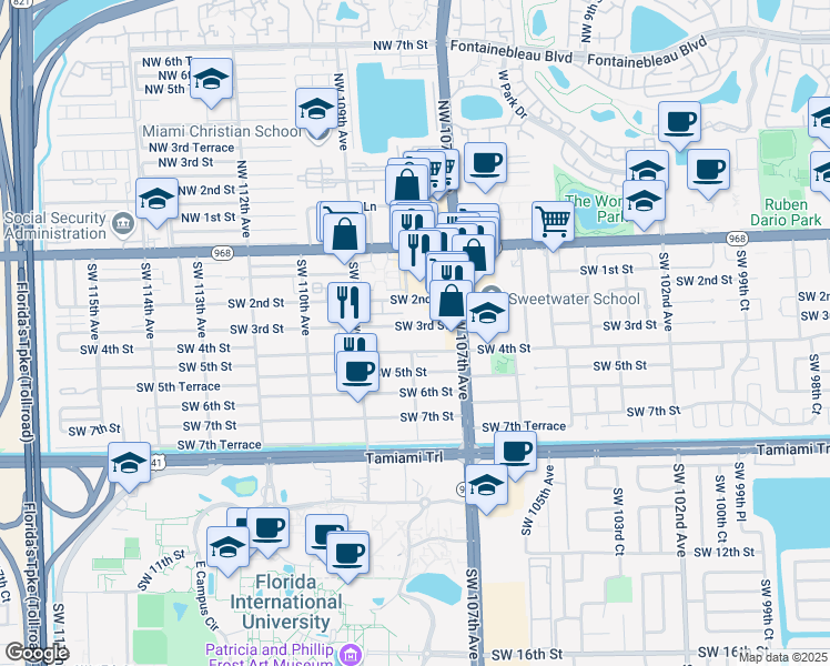 map of restaurants, bars, coffee shops, grocery stores, and more near 10750 Southwest 3rd Street in Miami