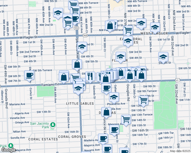 map of restaurants, bars, coffee shops, grocery stores, and more near 611 Southwest 39th Court in Coral Gables