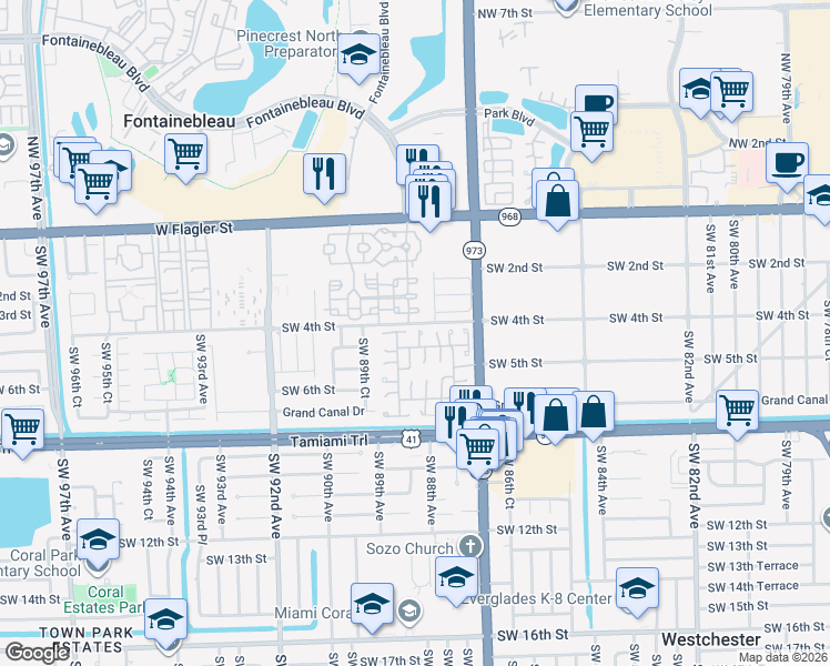 map of restaurants, bars, coffee shops, grocery stores, and more near 409 Southwest 88th Place in Miami