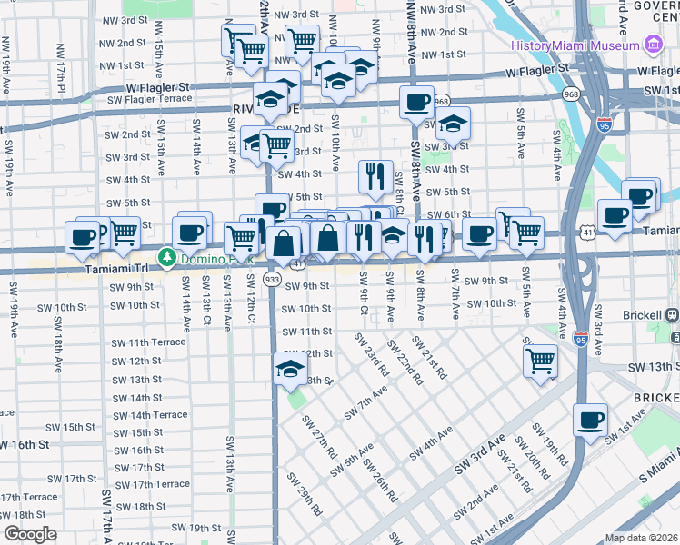 map of restaurants, bars, coffee shops, grocery stores, and more near 819 Southwest 10th Avenue in Miami