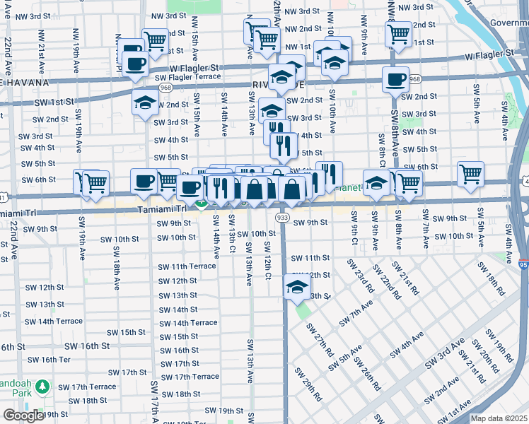 map of restaurants, bars, coffee shops, grocery stores, and more near 816 Southwest 12th Court in Miami