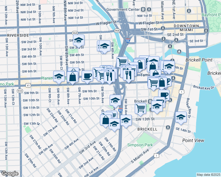 map of restaurants, bars, coffee shops, grocery stores, and more near 411 Southwest 9th Street in Miami