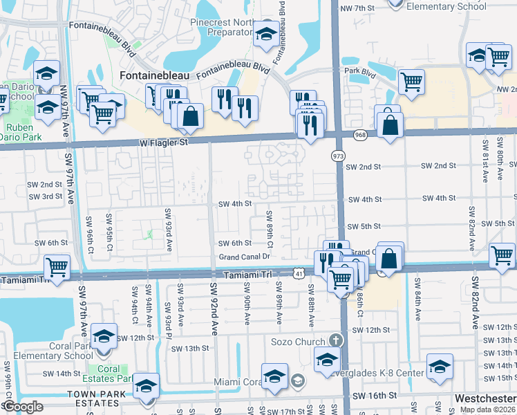 map of restaurants, bars, coffee shops, grocery stores, and more near 413 Southwest 89th Place in Miami
