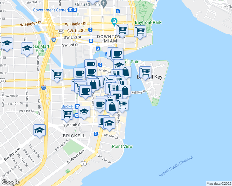 map of restaurants, bars, coffee shops, grocery stores, and more near 801 Southeast 8th Street in Miami