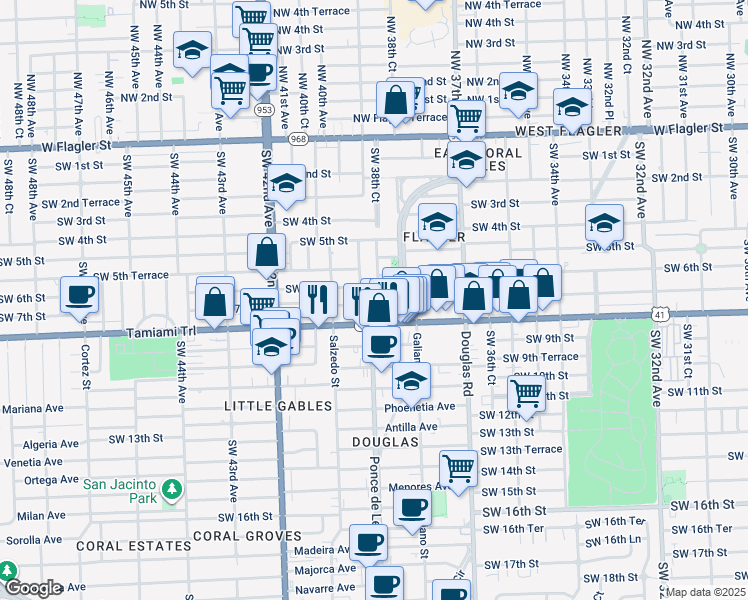 map of restaurants, bars, coffee shops, grocery stores, and more near 716 Boabadilla Street in Coral Gables