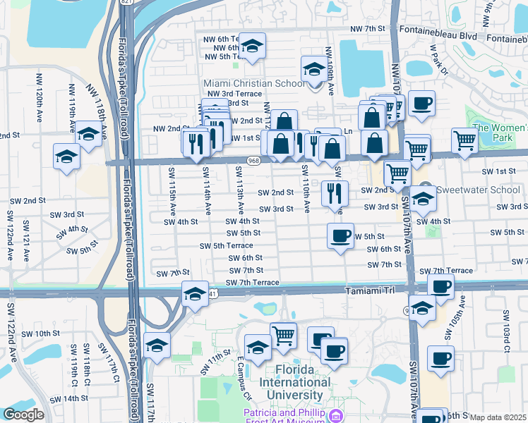map of restaurants, bars, coffee shops, grocery stores, and more near 11232 Southwest 3rd Street in Miami
