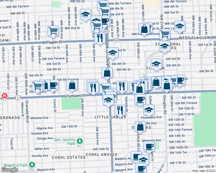 map of restaurants, bars, coffee shops, grocery stores, and more near 630 Southwest 42nd Avenue in Miami