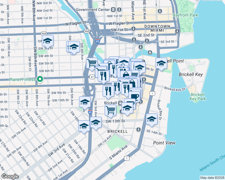 map of restaurants, bars, coffee shops, grocery stores, and more near 101 Southwest 9th Street in Miami