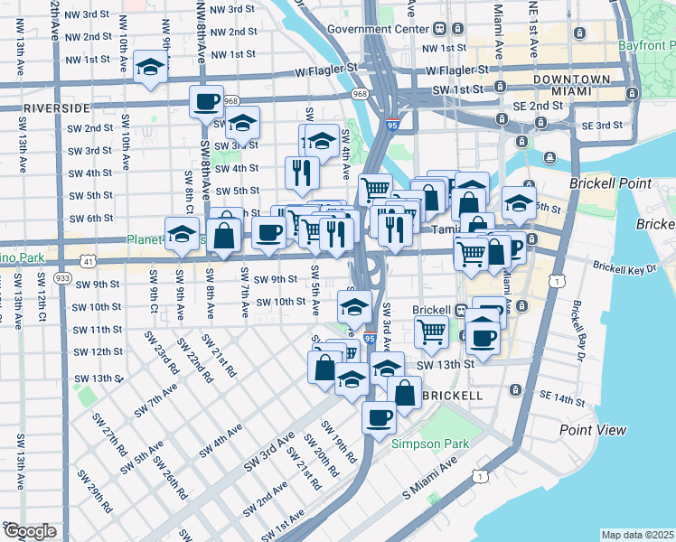 map of restaurants, bars, coffee shops, grocery stores, and more near 461 Southwest 9th Street in Miami