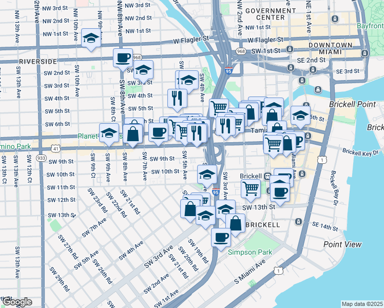 map of restaurants, bars, coffee shops, grocery stores, and more near 461 Southwest 9th Street in Miami