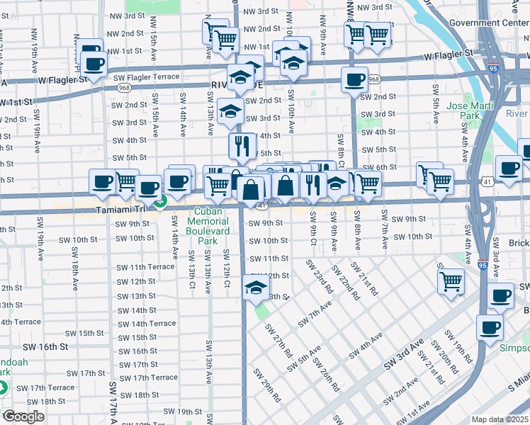 map of restaurants, bars, coffee shops, grocery stores, and more near 821 Southwest 11th Avenue in Miami