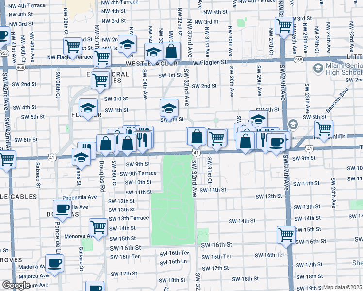 map of restaurants, bars, coffee shops, grocery stores, and more near 3270 Southwest 7th Street in Miami