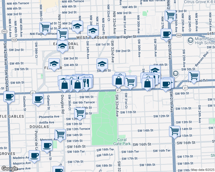 map of restaurants, bars, coffee shops, grocery stores, and more near 3270 Southwest 7th Street in Miami