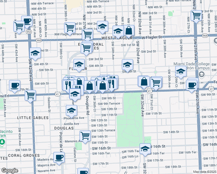 map of restaurants, bars, coffee shops, grocery stores, and more near in Miami