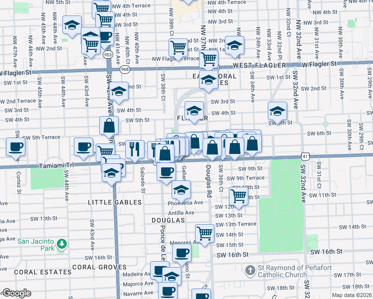 map of restaurants, bars, coffee shops, grocery stores, and more near in Coral Gables
