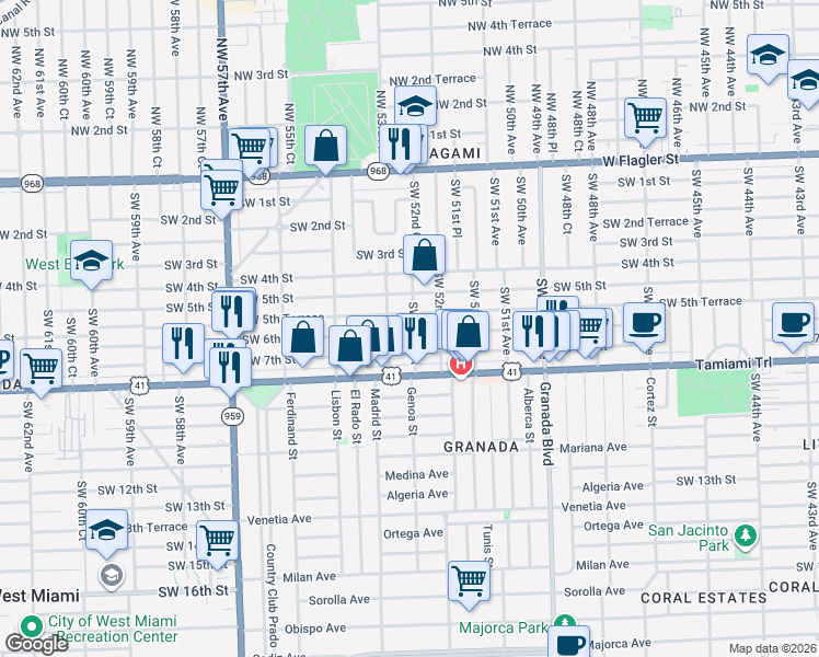 map of restaurants, bars, coffee shops, grocery stores, and more near 5281 Southwest 6th Street in Coral Gables