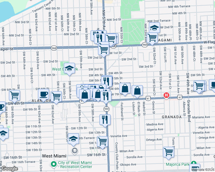 map of restaurants, bars, coffee shops, grocery stores, and more near 5688 Southwest 5th Terrace in Coral Gables