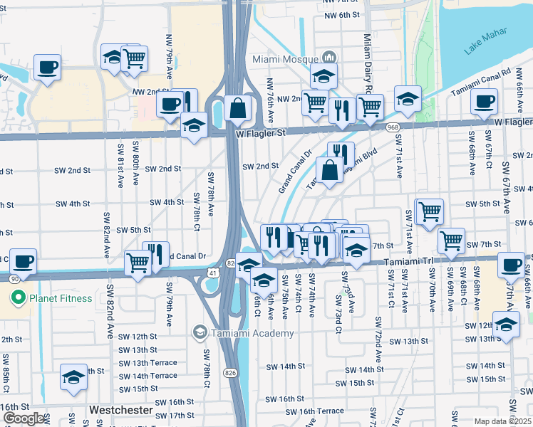 map of restaurants, bars, coffee shops, grocery stores, and more near 465 Florida Boulevard in Miami