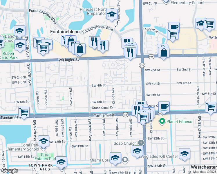 map of restaurants, bars, coffee shops, grocery stores, and more near 413 Southwest 89th Place in Miami