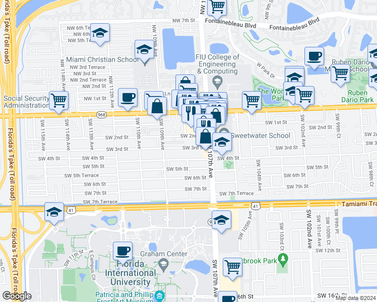 map of restaurants, bars, coffee shops, grocery stores, and more near 10750 Southwest 3rd Street in Miami