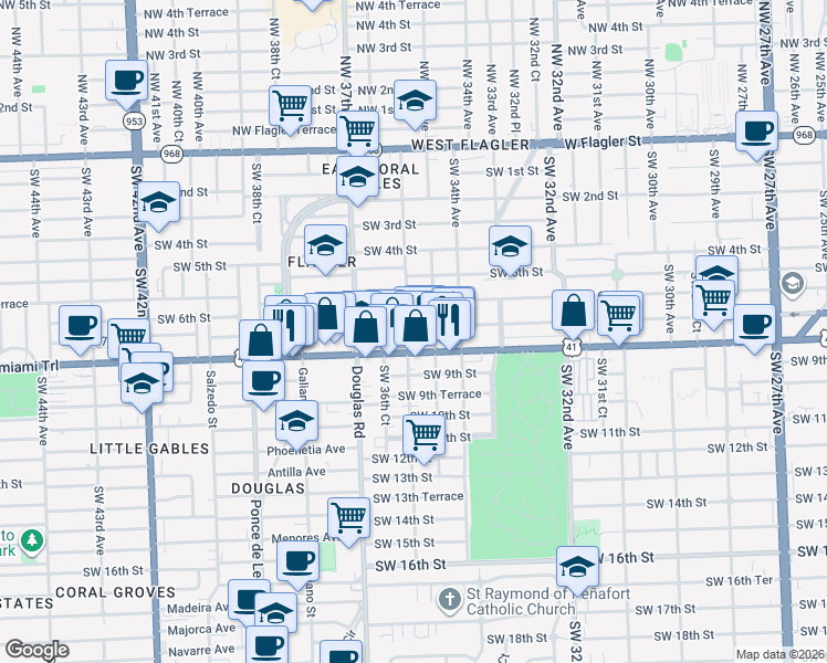 map of restaurants, bars, coffee shops, grocery stores, and more near 3590 Southwest 7th Street in Miami
