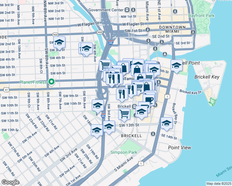 map of restaurants, bars, coffee shops, grocery stores, and more near 850 Southwest 2nd Avenue in Miami
