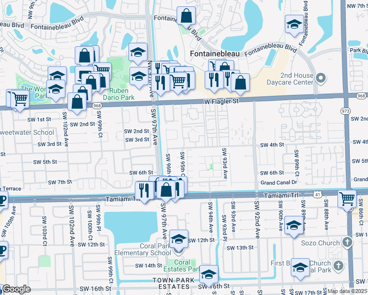 map of restaurants, bars, coffee shops, grocery stores, and more near 1111 Southwest 95th Court in Miami