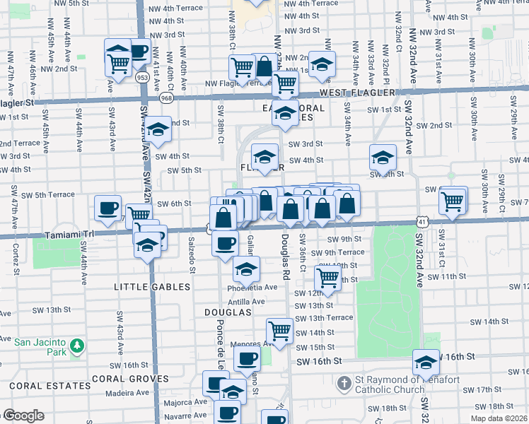 map of restaurants, bars, coffee shops, grocery stores, and more near 19 Oviedo Avenue in Coral Gables