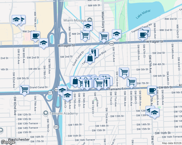 map of restaurants, bars, coffee shops, grocery stores, and more near 441 Tamiami Boulevard in Miami