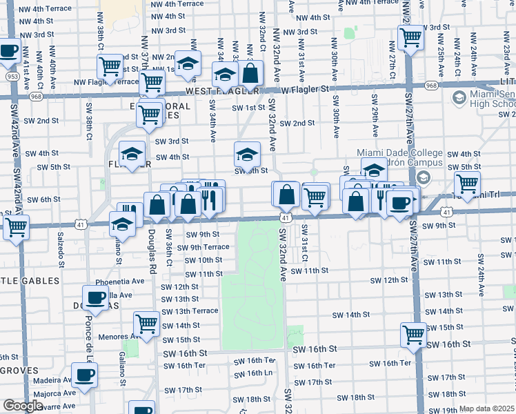 map of restaurants, bars, coffee shops, grocery stores, and more near 3270 Southwest 7th Street in Miami