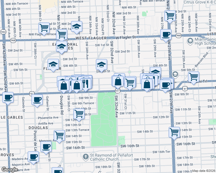 map of restaurants, bars, coffee shops, grocery stores, and more near 3270 Southwest 7th Street in Miami