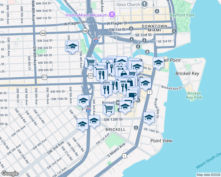 map of restaurants, bars, coffee shops, grocery stores, and more near 101 Southwest 9th Street in Miami