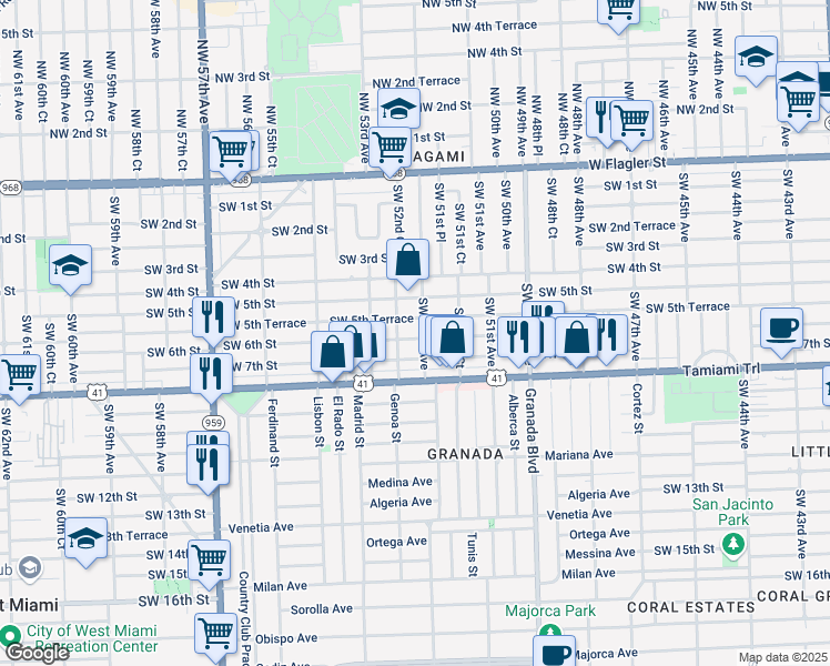 map of restaurants, bars, coffee shops, grocery stores, and more near 5211 Southwest 6th Street in Coral Gables