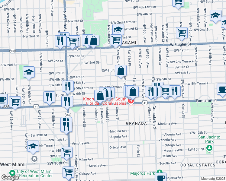 map of restaurants, bars, coffee shops, grocery stores, and more near 5281 Southwest 6th Street in Coral Gables