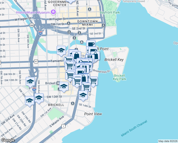 map of restaurants, bars, coffee shops, grocery stores, and more near 803 Brickell Avenue in Miami
