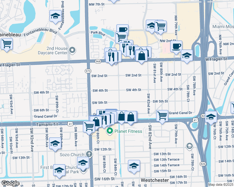 map of restaurants, bars, coffee shops, grocery stores, and more near 8400 Southwest 4th Street in Miami
