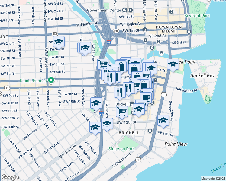 map of restaurants, bars, coffee shops, grocery stores, and more near 850 Southwest 2nd Avenue in Miami