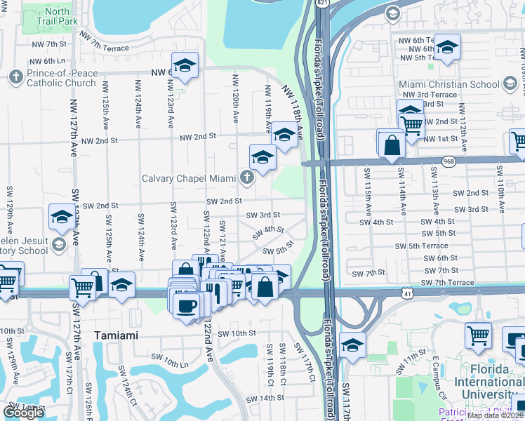 map of restaurants, bars, coffee shops, grocery stores, and more near 11911 Southwest 3rd Street in Miami