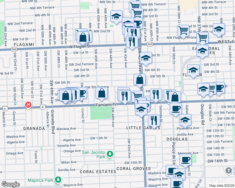 map of restaurants, bars, coffee shops, grocery stores, and more near 4350 Southwest 6th Street in Coral Gables