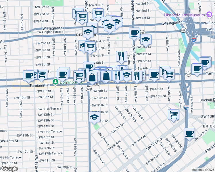 map of restaurants, bars, coffee shops, grocery stores, and more near 819 Southwest 10th Avenue in Miami