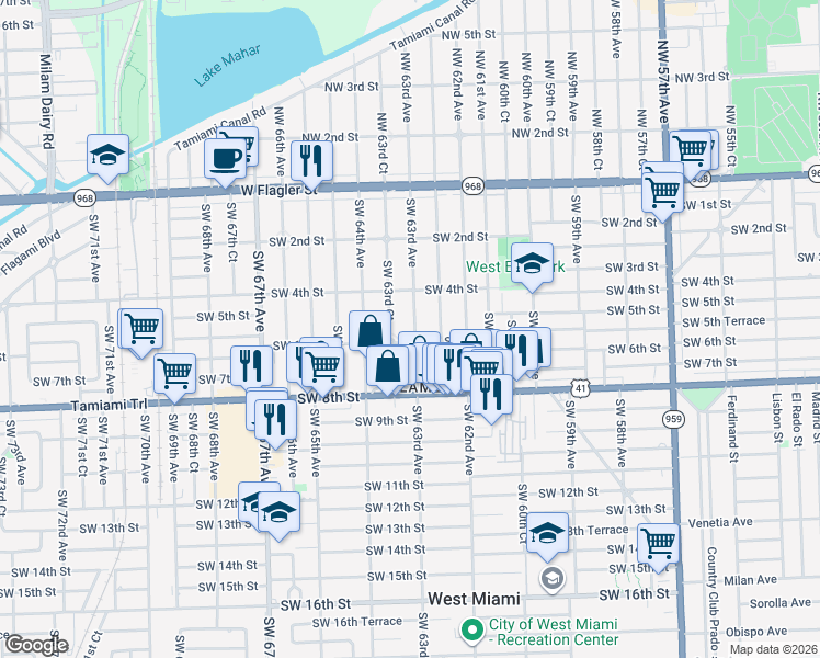 map of restaurants, bars, coffee shops, grocery stores, and more near 520 Southwest 63rd Avenue in Miami