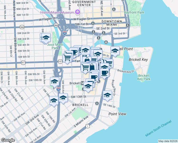 map of restaurants, bars, coffee shops, grocery stores, and more near 10 Southwest 9th Street in Miami