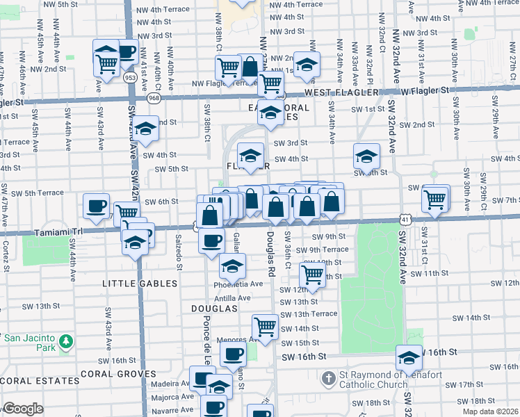 map of restaurants, bars, coffee shops, grocery stores, and more near 19 Oviedo Avenue in Coral Gables