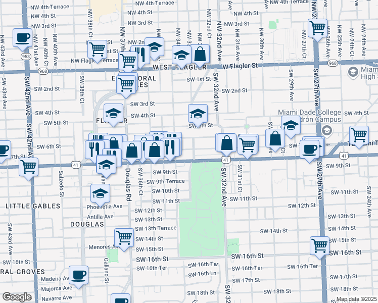 map of restaurants, bars, coffee shops, grocery stores, and more near 3300 Southwest 7th Street in Miami