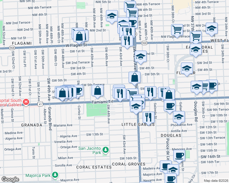map of restaurants, bars, coffee shops, grocery stores, and more near 4350 Southwest 6th Street in Coral Gables