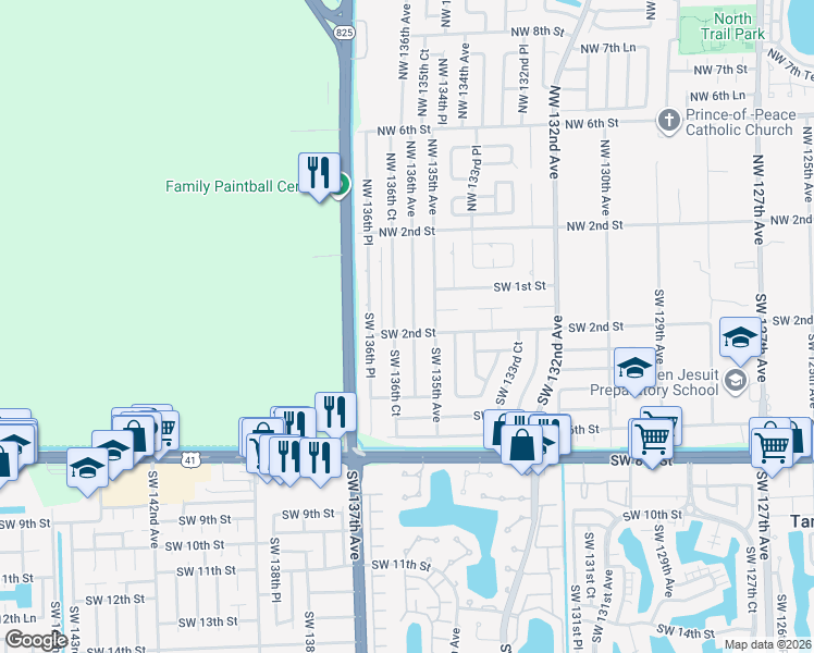 map of restaurants, bars, coffee shops, grocery stores, and more near 150 Southwest 136th Avenue in Miami